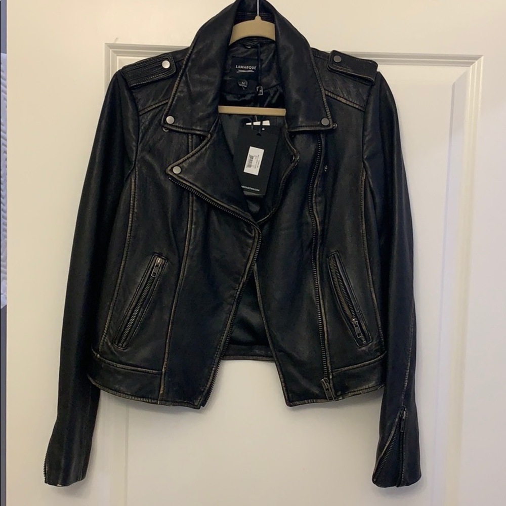 Lamarque Distressed Black Leather Biker Jacket